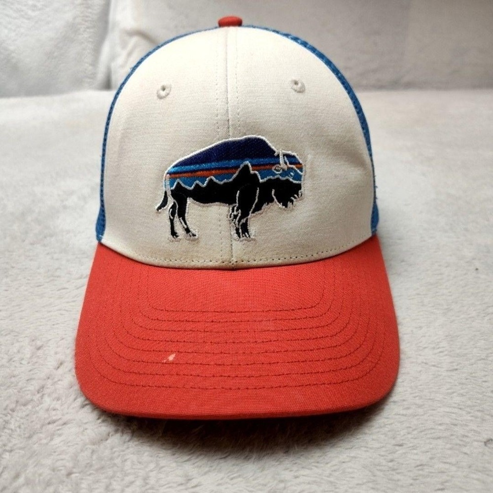 Patagonia Hat Cap Snap Back Mens Red Blue Fitz Roy Bison Trucker Mesh 38049